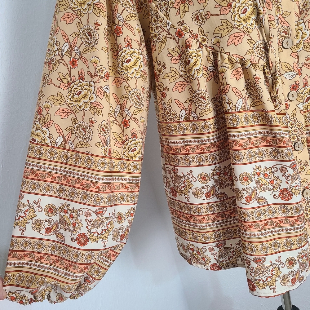 Bohemian Floral Peasant Blouse - Cream & Rust - Picture 7 of 11